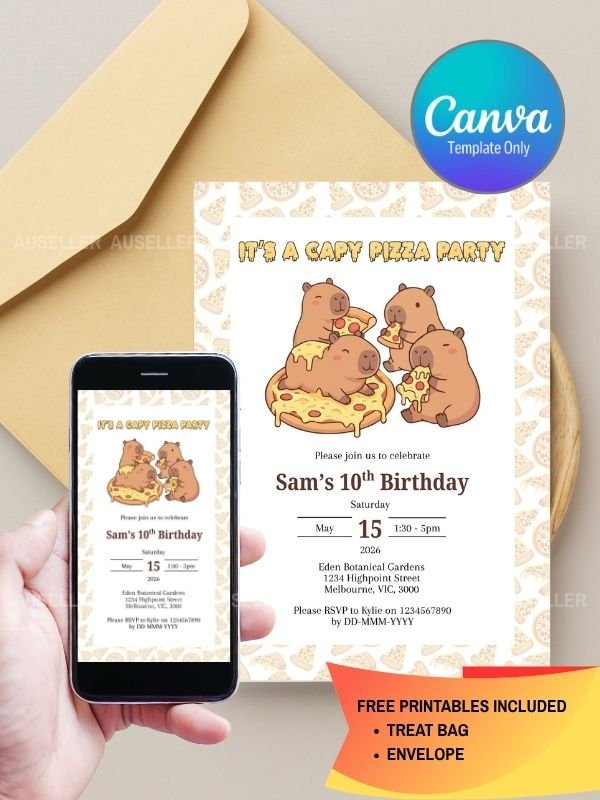Capybara Pizza Party Birthday Invitation and Printable Treat Bag and Envelope product image (1)