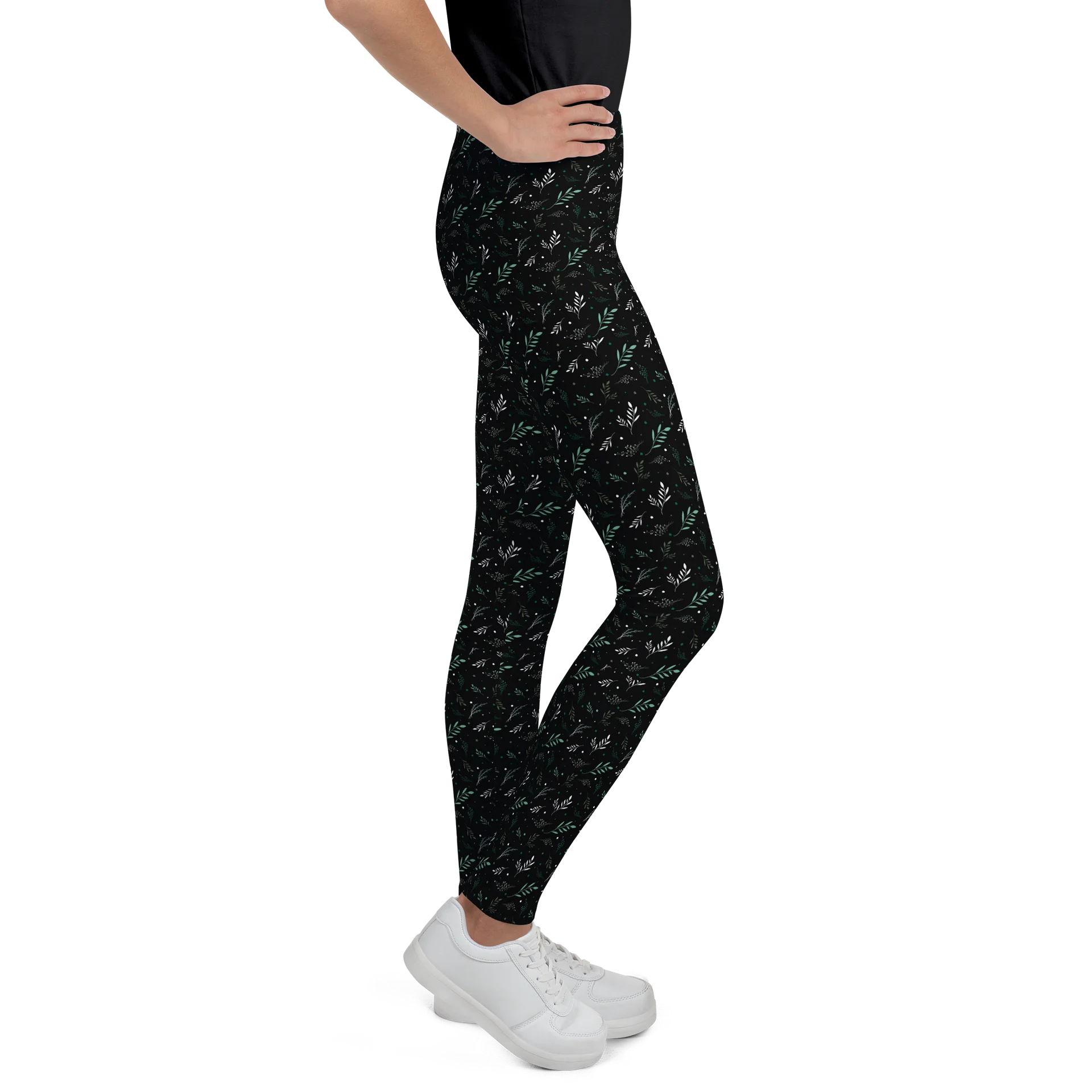 Dark Green Leaf All-Over Print Youth Leggings product image (5)