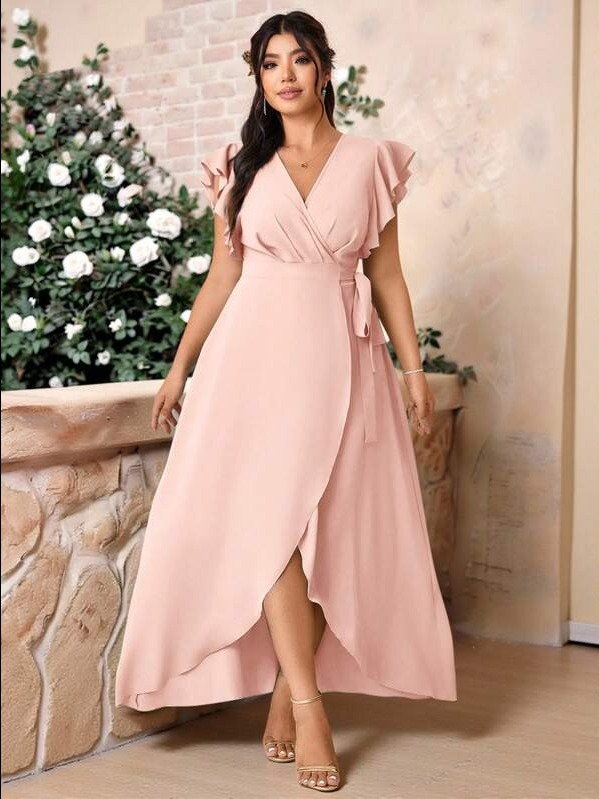 ADLEST Plus Size Elegant Romantic Wedding Solid Color Cross V-Neck Side Tie Sleeve Ruffle Dress product image (5)
