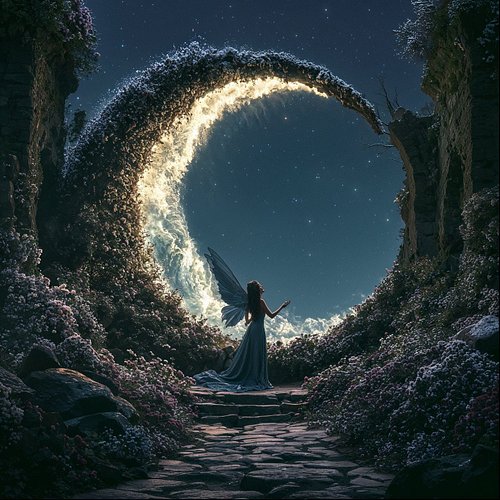 She stands at the threshold, wings unfurled, ready to step through the luminous gateway. The moon arches above her like a ble...