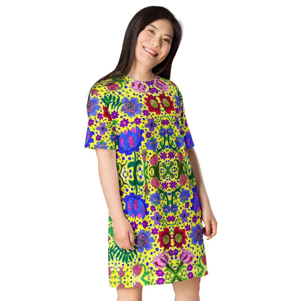 Abstract Vibrant Flower Garden Ladies T Shirt Dress product image (5)