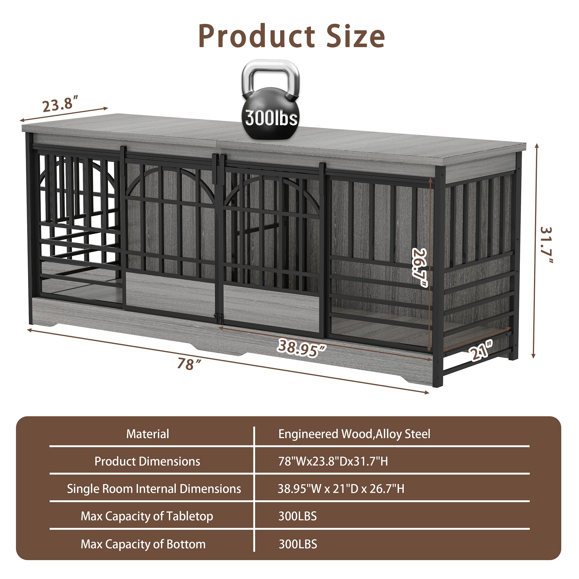 78 Inch Double Dog Crate Furniture, Extra Large Dog Kennel Indoor with Divider, Heavy Duty Dog Cage for 2 Dogs, Decorative Wooden Dog House Decorative Table TV Stand, Pet House for XLarge Dogs,Grey product image (8)