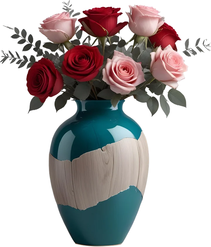 Romantic Teal and Wood-Textured Vase with Roses PNG product image (1)