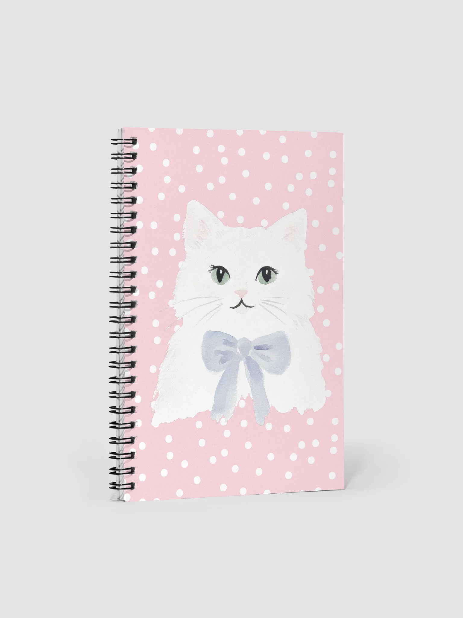 Fluffy White Cat with Bow Spiral Notebook – Cute Polka Dot Edition product image (1)