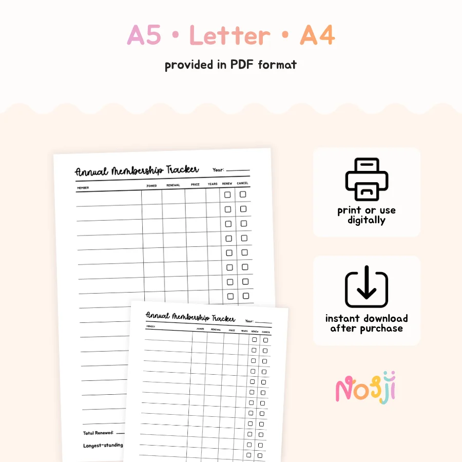 Annual Membership Tracker Printable Membership Renewal Tracker product image (2)