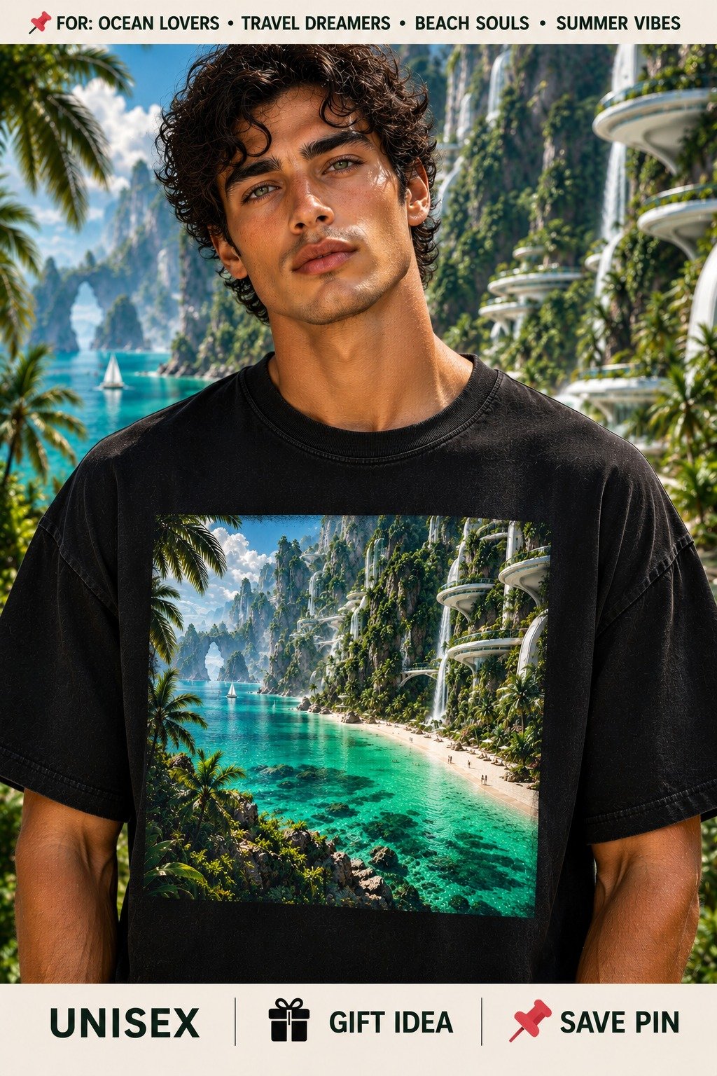 Emerald Tropical Paradise T-Shirt | Futuristic Beach & Ocean Art | Unisex Oversized Tee product image (1)