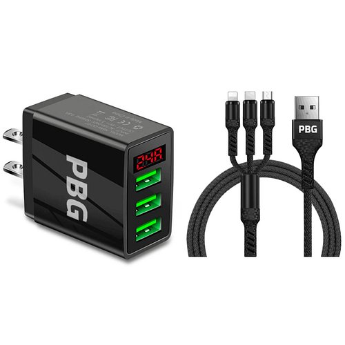 Check out 3 port LED Display Wall Charger  and 3 in 1 Cable Bundle Black PBG's 3 port Wall Charger allows you to charge Safel...