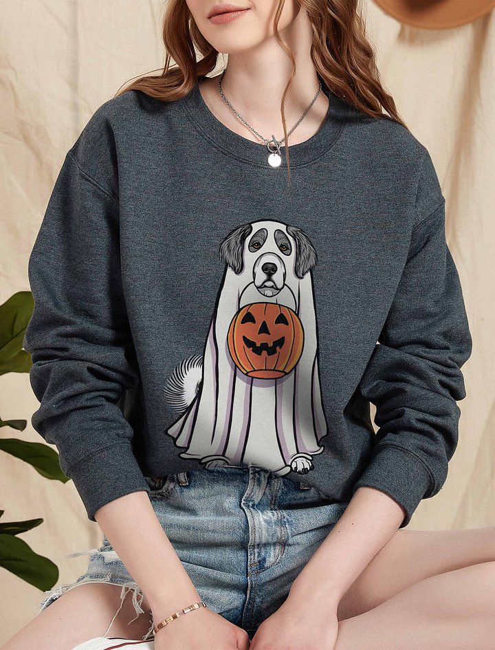 Funny Halloween Great Pyrenees(Gray) Sweatshirt | Funny Pyr Wearing a Ghost Costume and Holding a Pumpkin Basket product image (2)