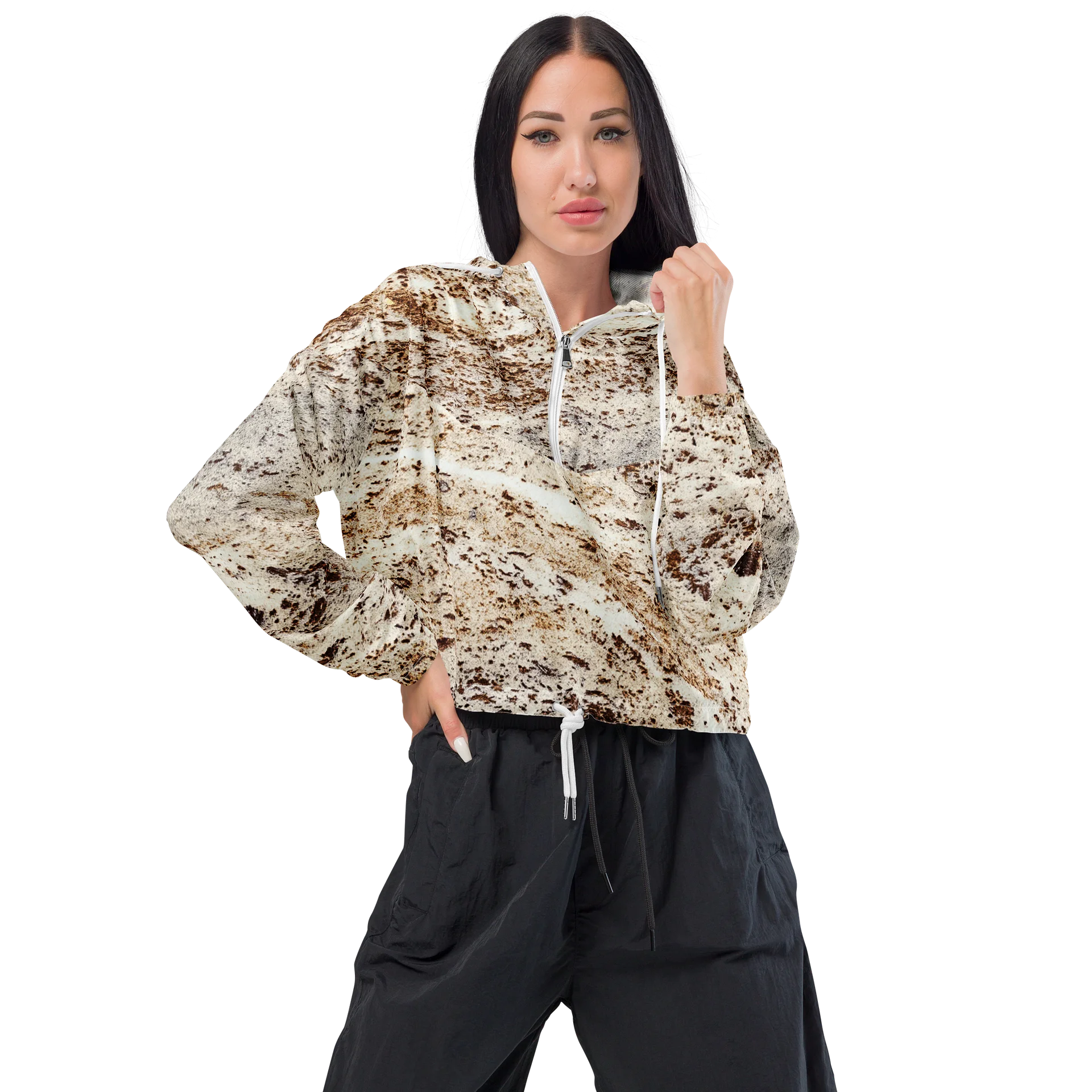 Espresso Swirl Women's All-Over Print Marbled Cacao Cropped Windbreaker product image (1)