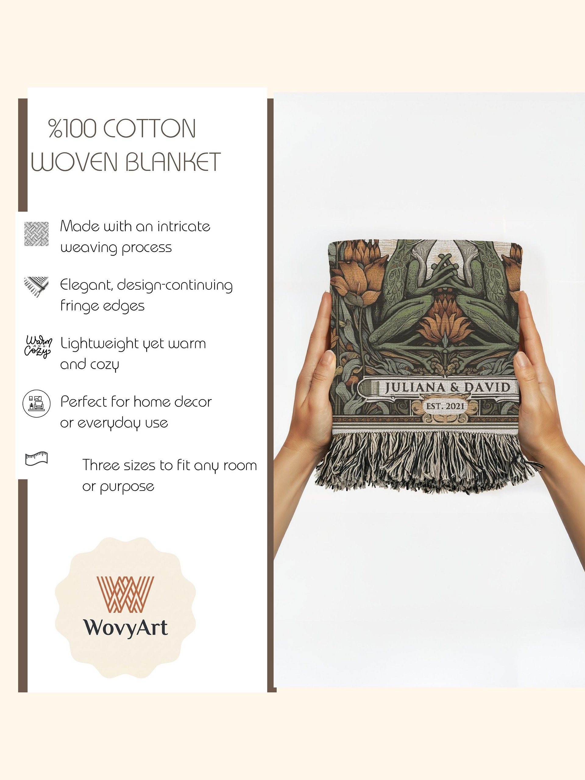 Until We Croak Personalized Frog Couple Woven Blanket — Custom Name & Date Wedding Tapestry Throw product image (4)