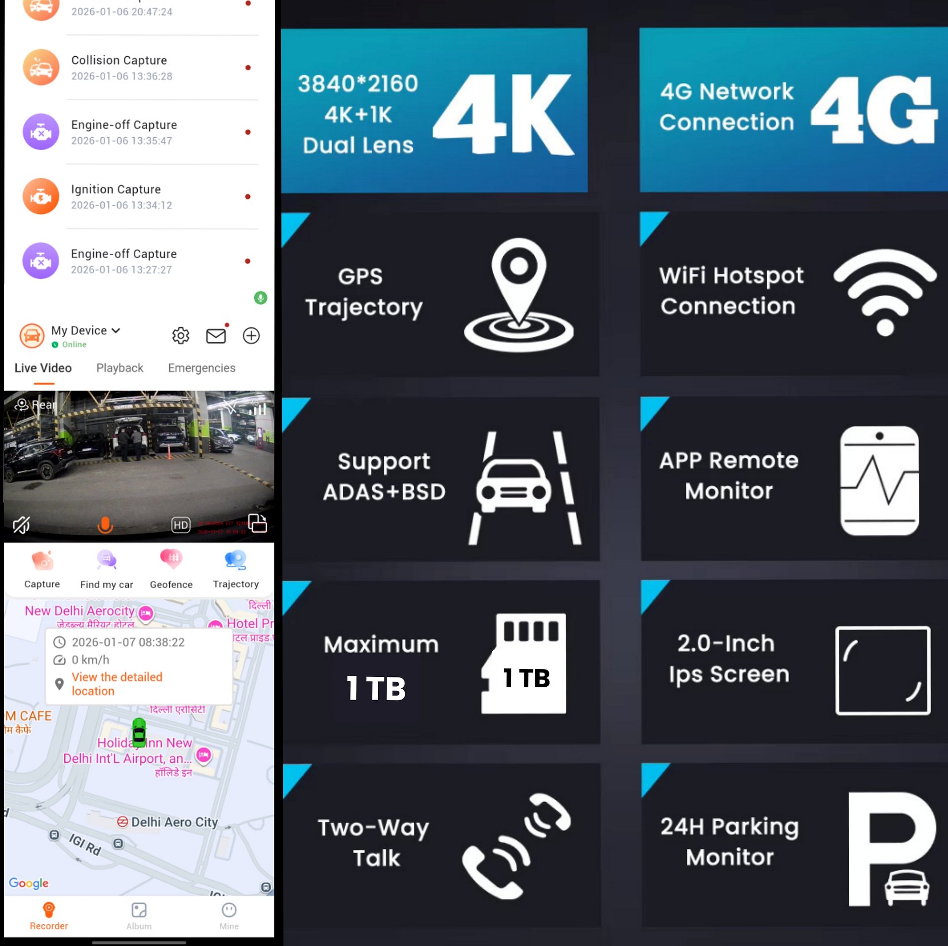 SRS ABSOLUTE 4K+4G Dual Dash Cam Front Rear Record GPS+Live Video ADAS BSD Park Monitor Timelapse WiFi Hotspot Reverse Parking Remote Playback Voice Call MicroSD SIM Support product image (6)