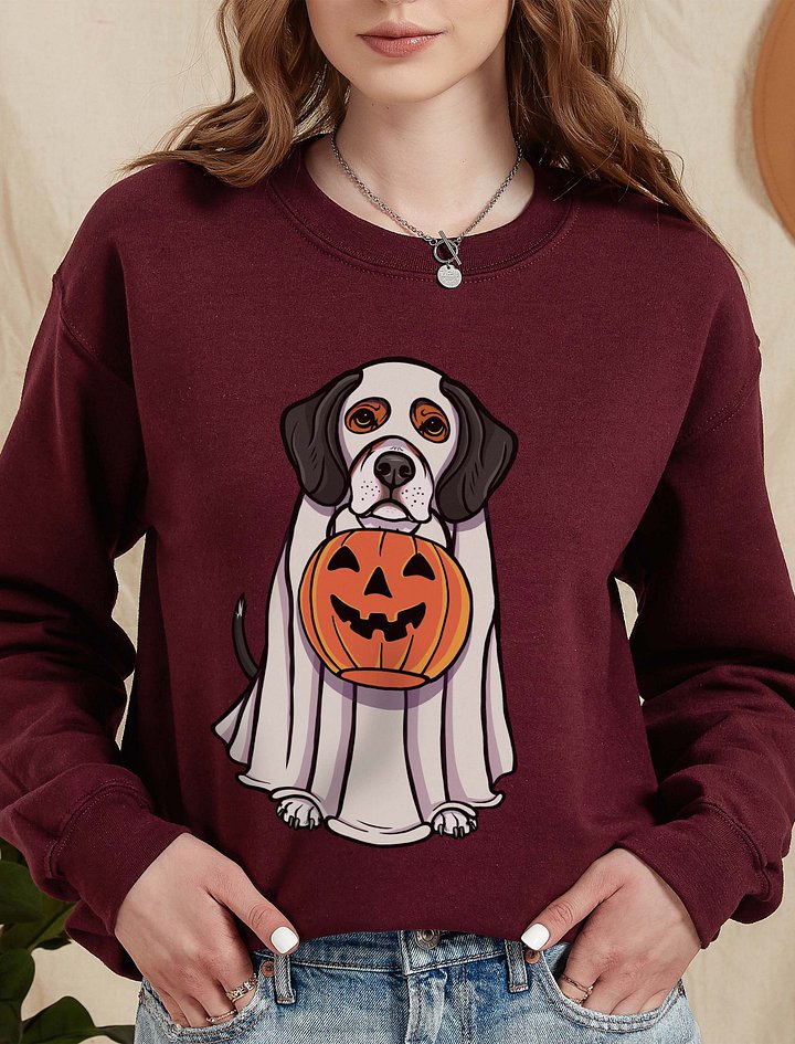 Funny Halloween Beagle(Tricolor) Sweatshirt | Funny Beagle Wearing a Ghost Costume and Holding a Pumpkin Basket product image (2)