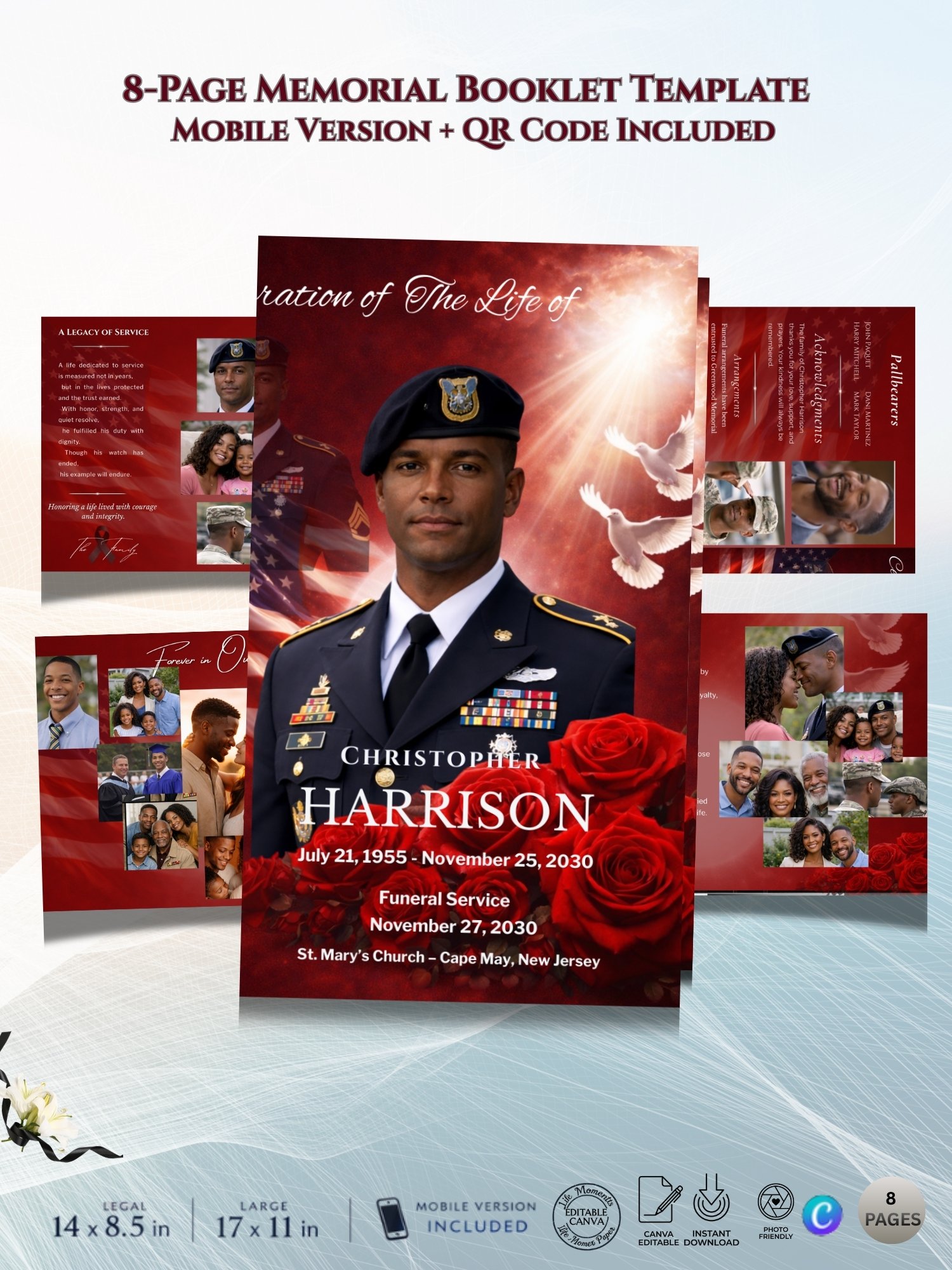 QR Code Military Funeral Booklet with 8-Slide Mobile Invitation & 17x11 Tabloid Template product image (2)