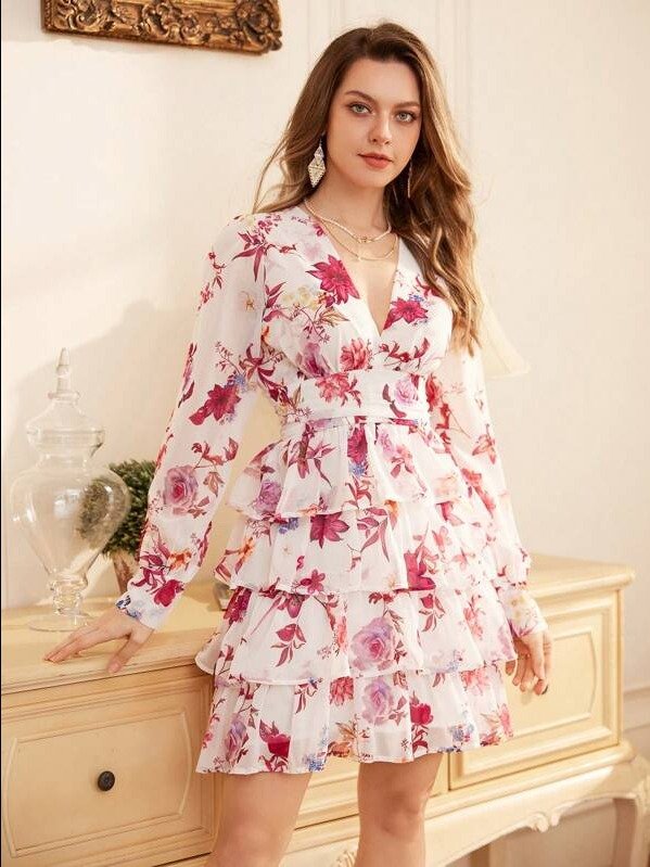 Revavyn Women Floral Printed Multi-Layered Ruffled Cinching Waist Dress For Spring And Summer Vacation Outfits Woman Fall Cloth For Women product image (1)