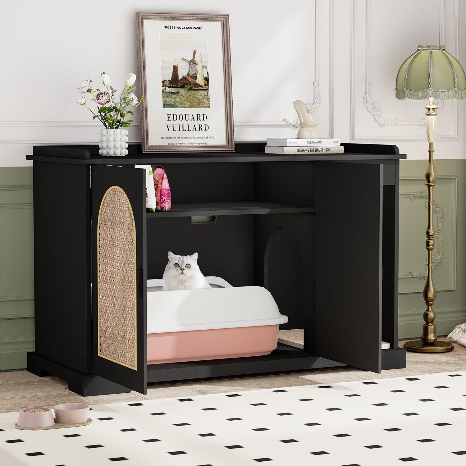 Black Hidden Cat Litter Box Furniture Indoor Wooden Cat Litter Box Enclosure with Double Movable Doors and Divider for Living Room Washroom product image (9)