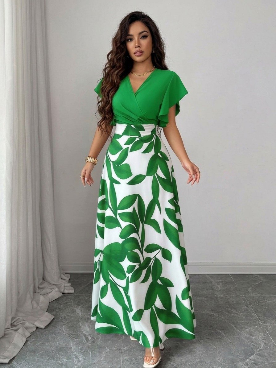 Elenzga Women's Elegant Maturity Black Leaf Pattern Ruched Cap Sleeve Fitted Fla Dress, Autumn And Winter And The Four Seasons Garden Party Brunch product image (4)