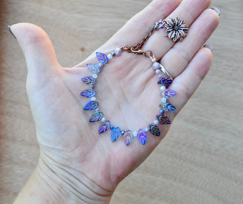 Iridescent Purple Leaf Bracelet With Copper Flower Charm and Extender Chain product image (3)
