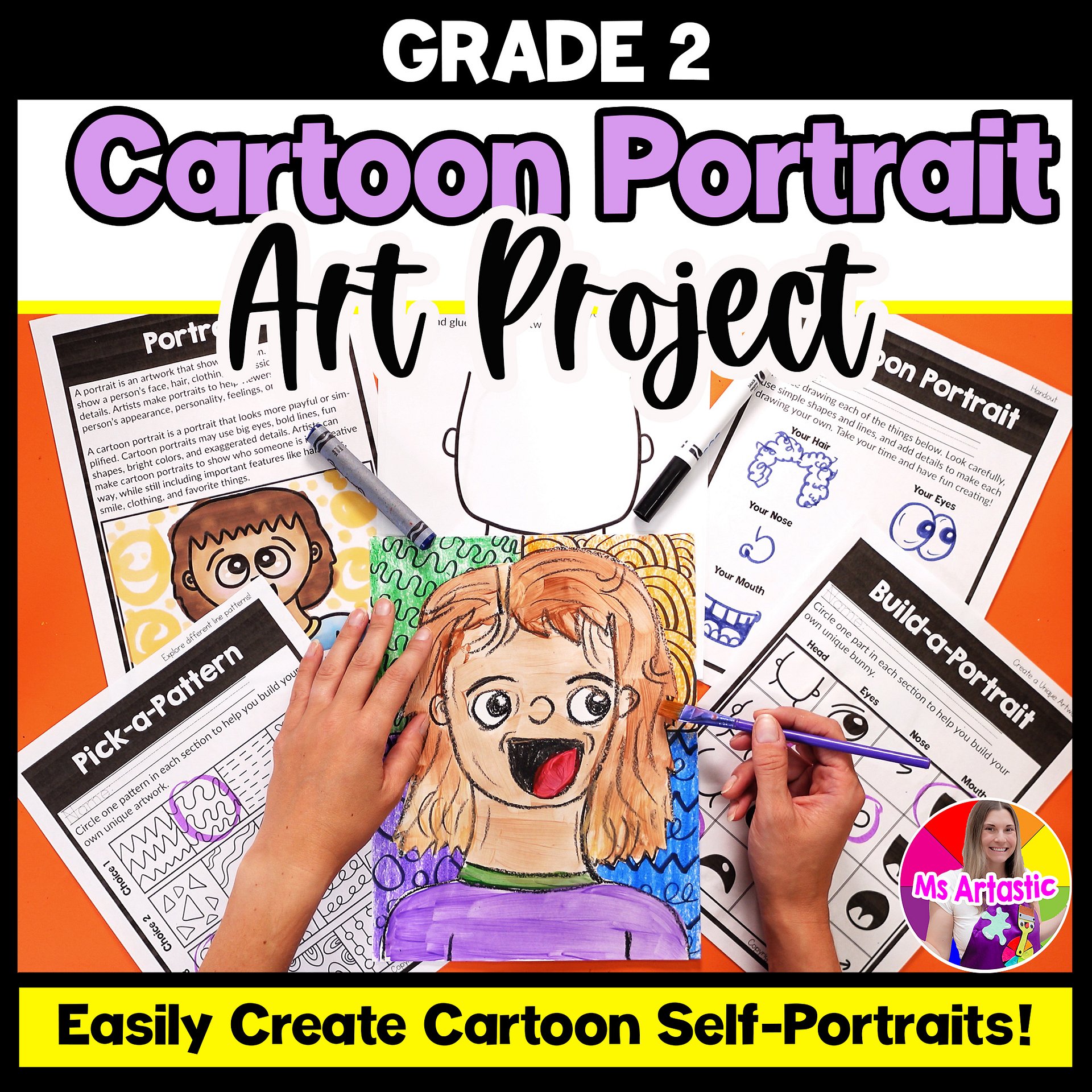 2nd Grade Back to School Cartoon Portrait Art Lesson Self Portrait Art Project product image (1)