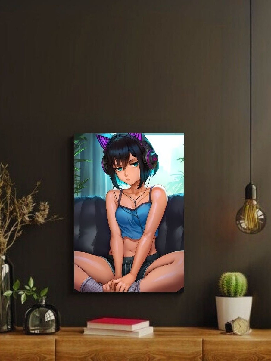 Anime Cat Ear Gamer Girl Blue Crop – Glossy 8x10 Metal Print product image (2)