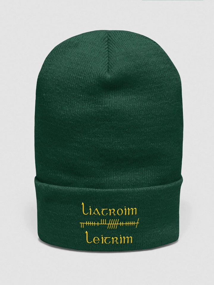 Leitrim/Liatroim Orthodox style Ogham, Green with Gold, embroidered Cuffed Beanie product image (1)
