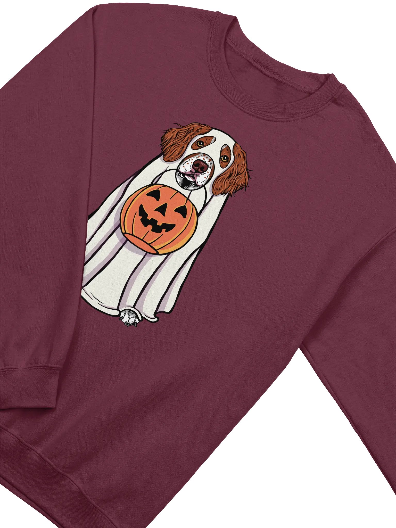 Funny Halloween Brittany Spaniel Sweatshirt | Funny Brittany Spaniel Wearing a Ghost Costume and Holding a Pumpkin Basket product image (4)