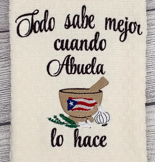Embroidered Kitchen Towel: Puerto Rican Flag Mortar - Abuela's Kitchen - Gift for Abuela product image (2)