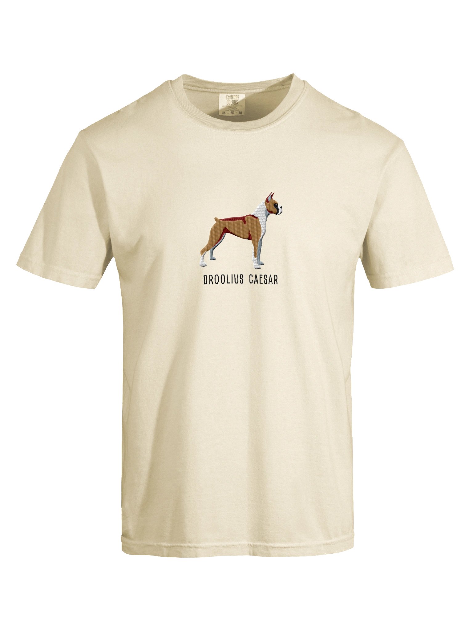 Droolius Caesar T-Shirt(Embroidered) of a Boxer(Tan & White, Cropped Ears & Docked Tail) product image (10)