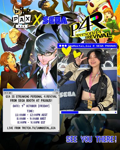💛Streaming from @sega at @paxaus 💛

Excited to announce that I will be streaming Persona 4: Revival straight from the SEGA bo...