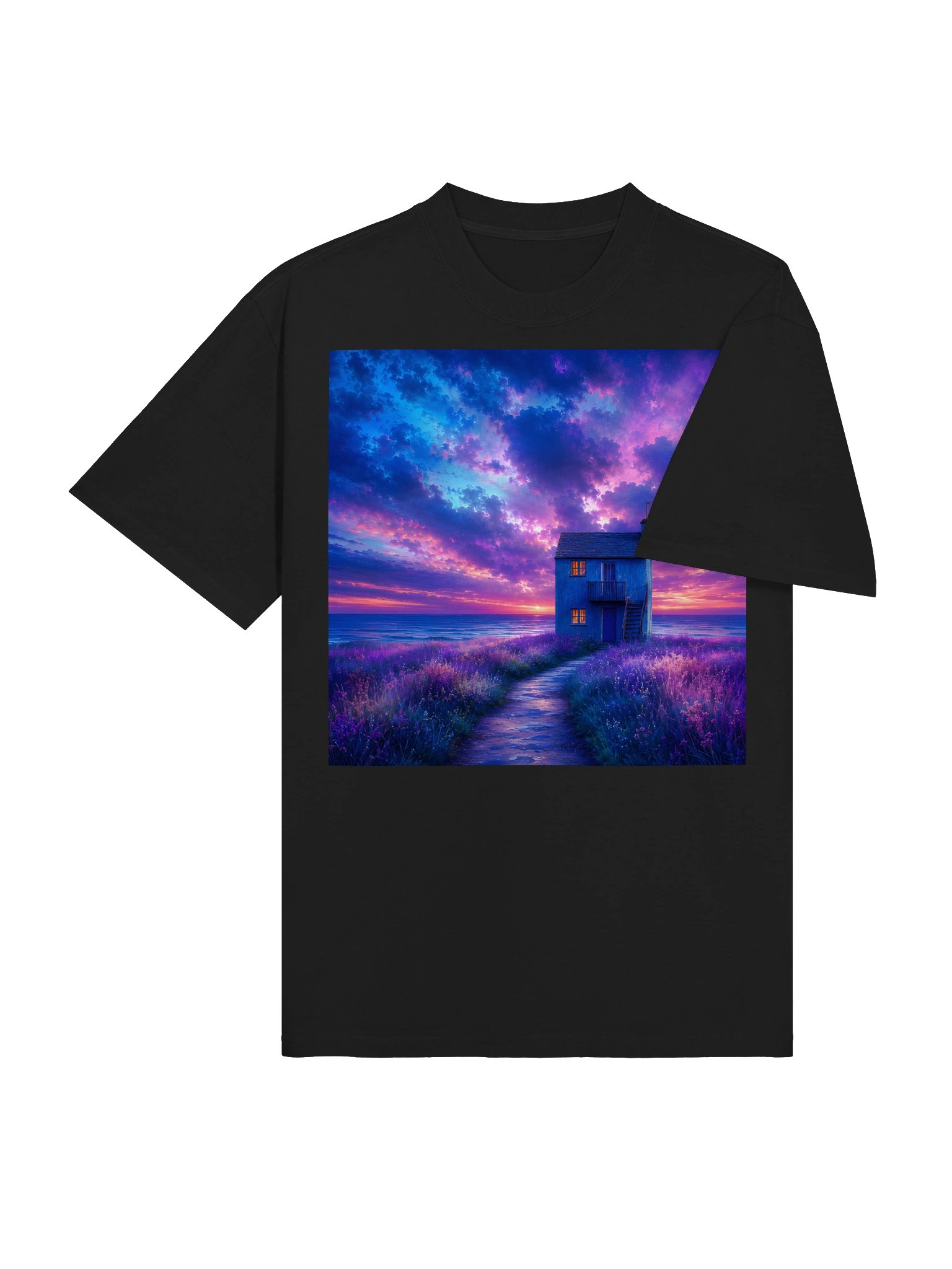 Mystical Ocean Sunset Cottage T-Shirt | Purple Blue Coastal Dreamscape Shirt product image (5)
