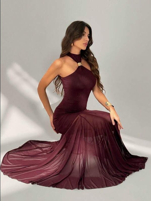 Tall Spring/Summer Women's Solid Purple Halter Neck Metal Buckle Spliced ​​Semi-Sheer Full Skirt Elegant Maxi Dress, Wedding Guest Dress, Birthday Dress, Elegant Dress,Summer Dresses For Women product image (4)
