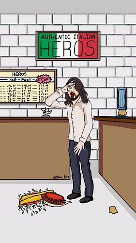 Dave Grohl accidentally drops his sandwich. (A gentle update on a previous post). #showbits #foofighters #myhero #musicparody...