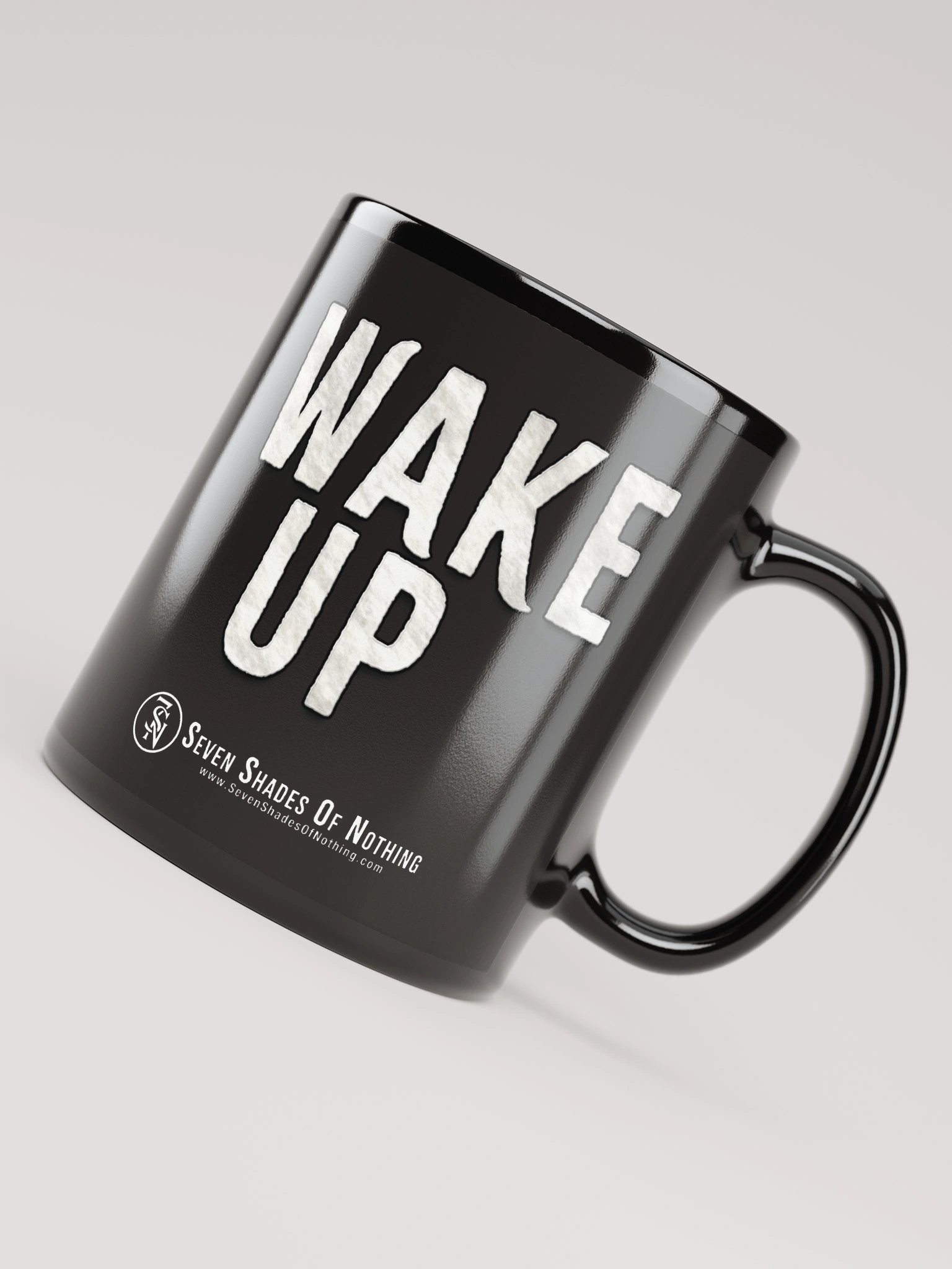 “Wake Up” black glossy mug – cinematic eye artwork from Seven Shades of Nothing product image (8)