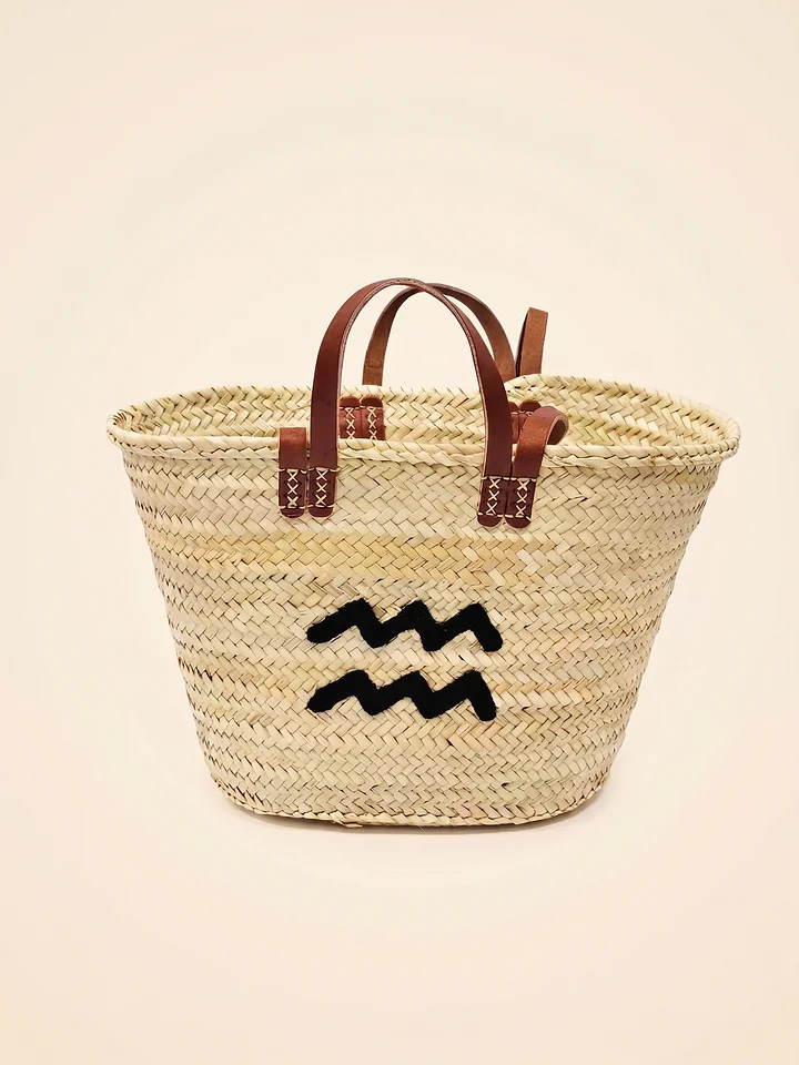 Handmade Straw Tote Bag – Aquarius Zodiac Monogram Market Basket product image (1)
