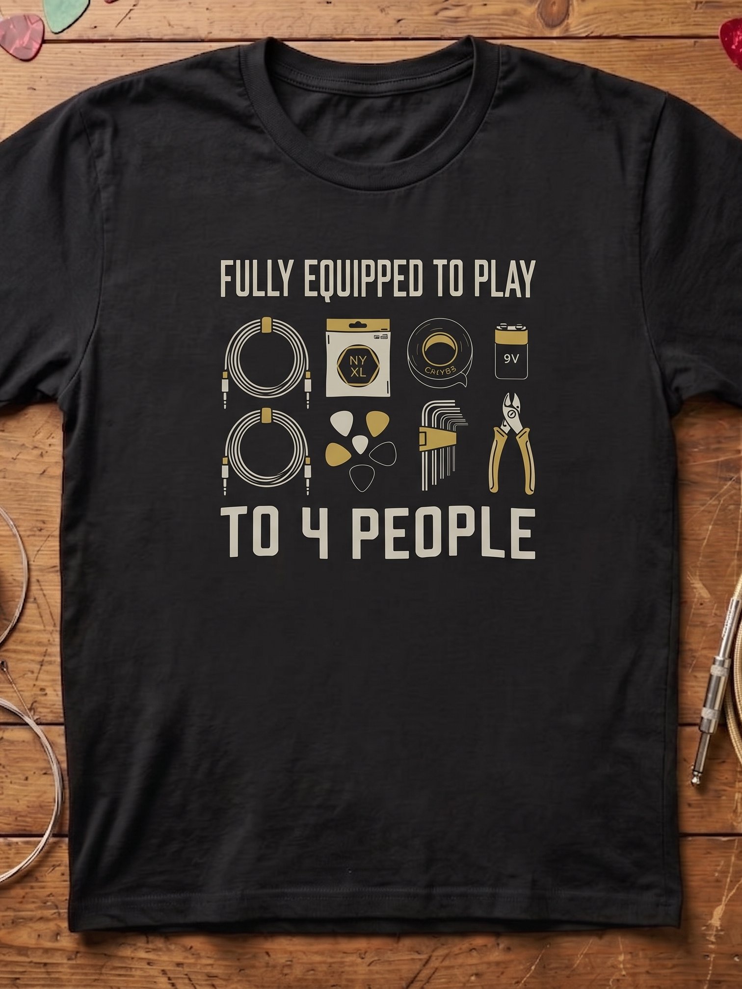 Fully quipped to play to 4 people - funny guitar t-shirt product image (31)