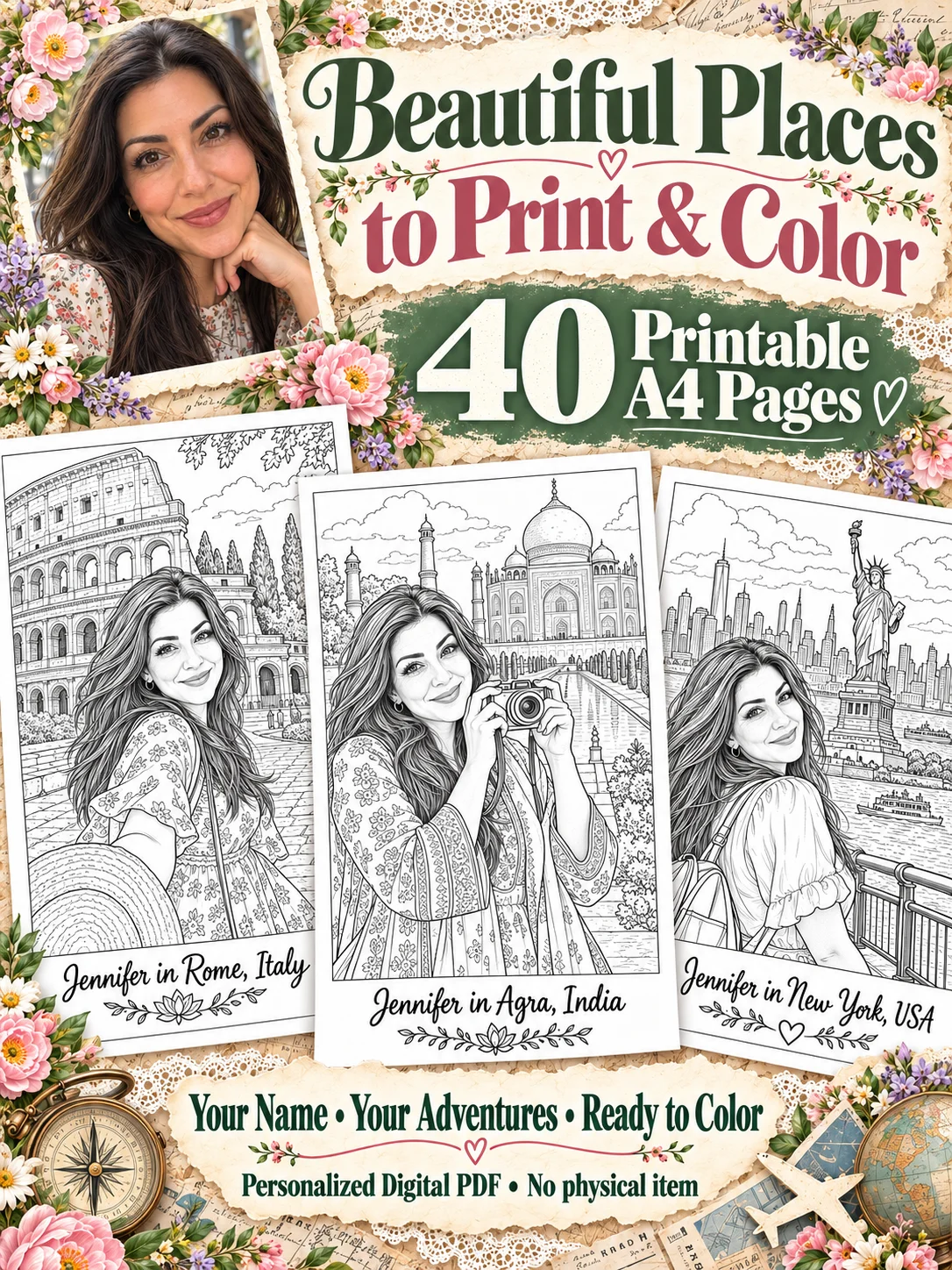 Personalized Coloring Book for Adults: 40 Printable A4 PDF Pages with Your Photo and Name, Famous World Landmarks, Cities and Around the World Adventures product image (4)