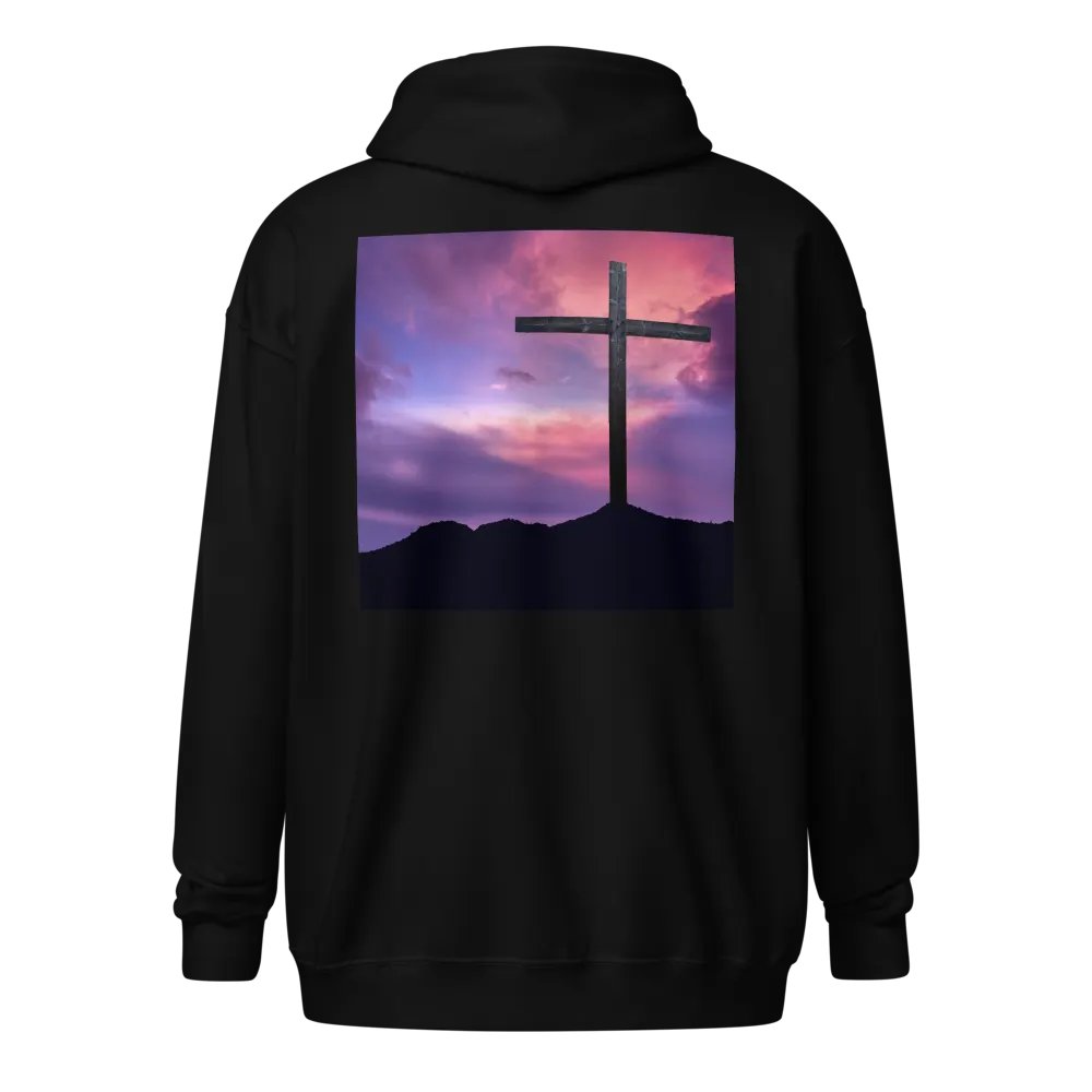 Wooden cross standing on a hill, silhouetted against a vibrant and colorful sky transitioning from deep purples to pinks Hoodie product image (1)