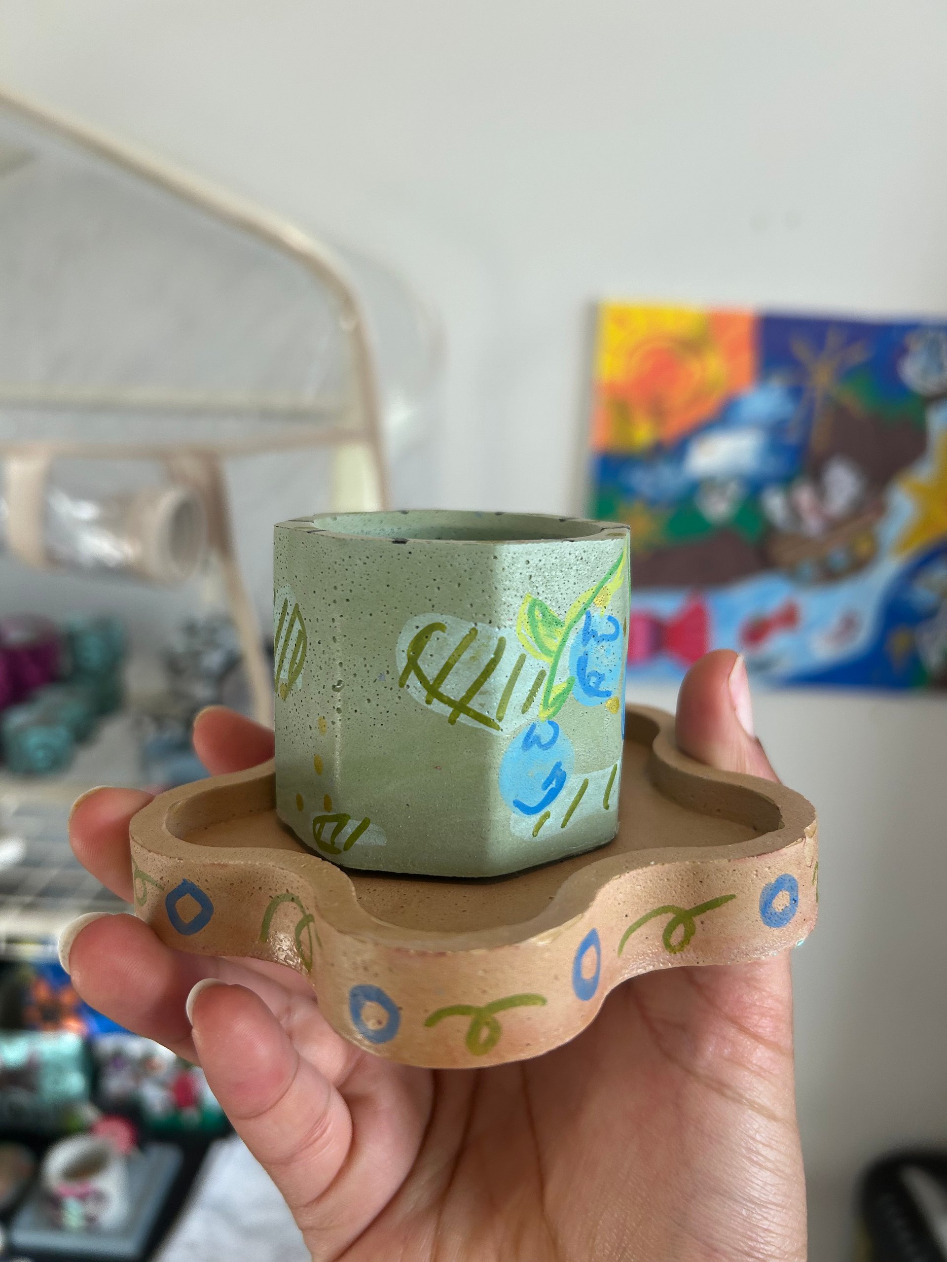 Delectable blueberry 1-1 original painted cement plant pot and tray product image (2)