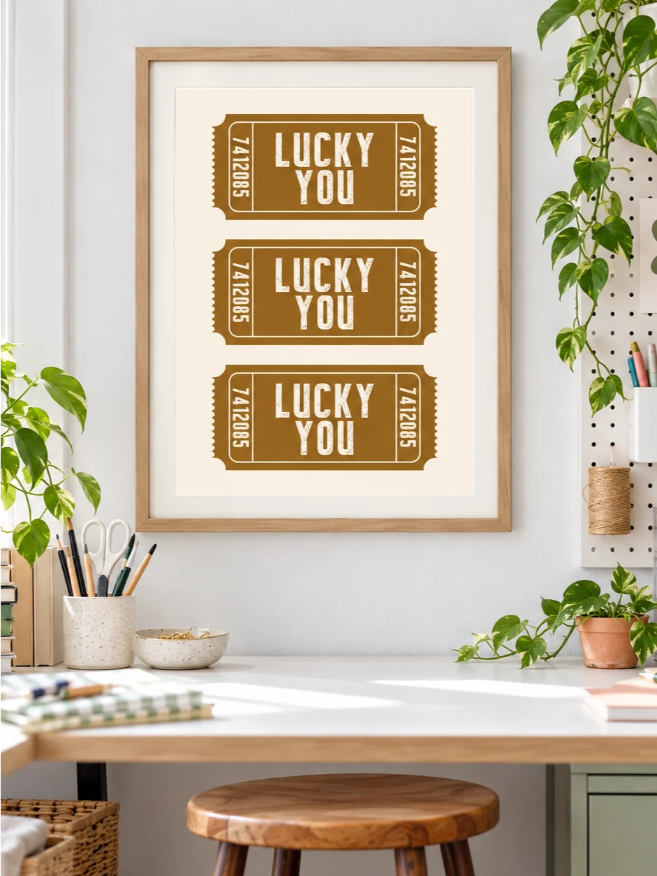Lucky You Ticket Poster, Mustard Ochre Typography Wall Art, Retro Ticket Print, Cream Earth Tone Art, Printable Quote Art, Vintage Art Print product image (1)