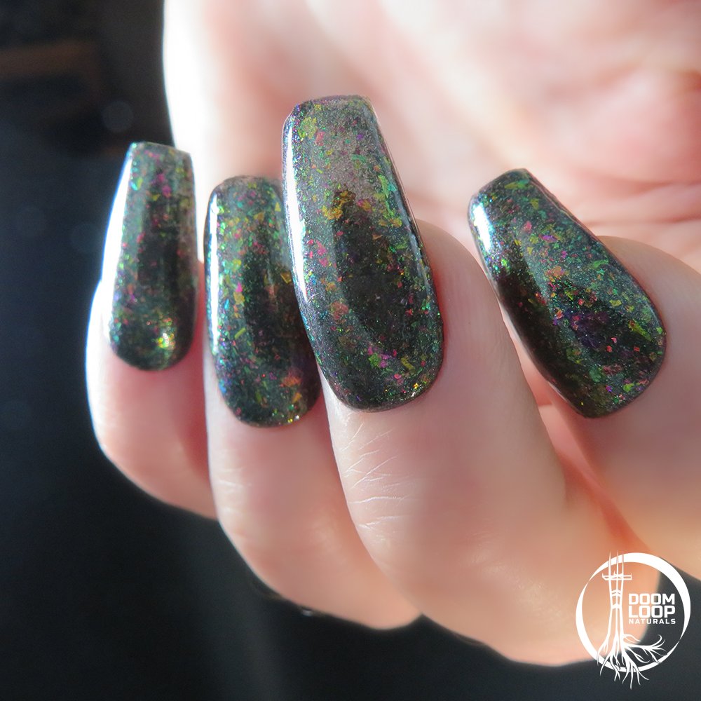 DOOM FOR THE HOLIDAYS - Sparkling Black-Green Rose-Red-Violet-Green Flake Nail Polish product image (3)
