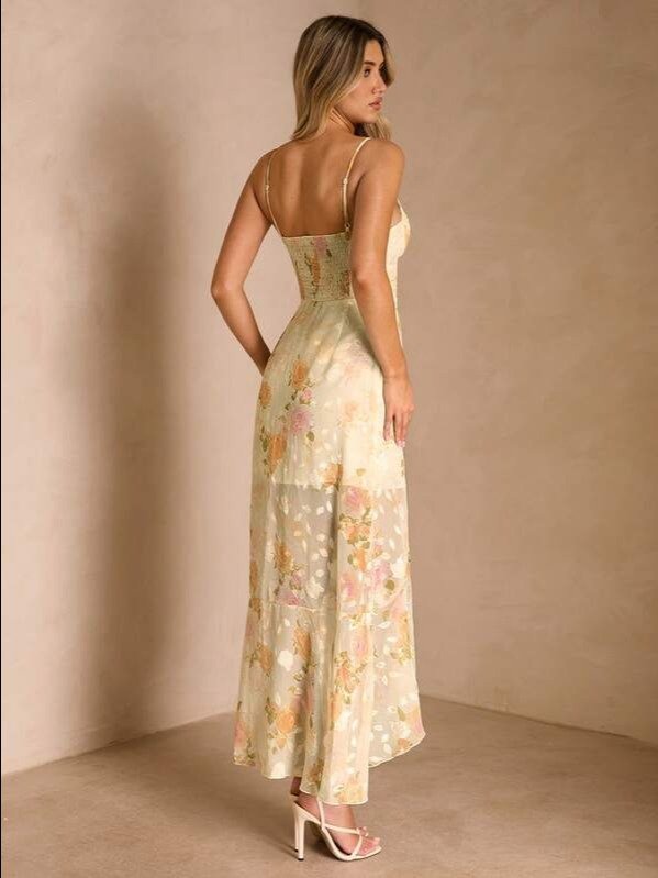 Aqua Blue Floral Tie-Waist Cami Maxi Dress | Boho Wedding Guest & Garden Party Gown — ADLEST product image (2)