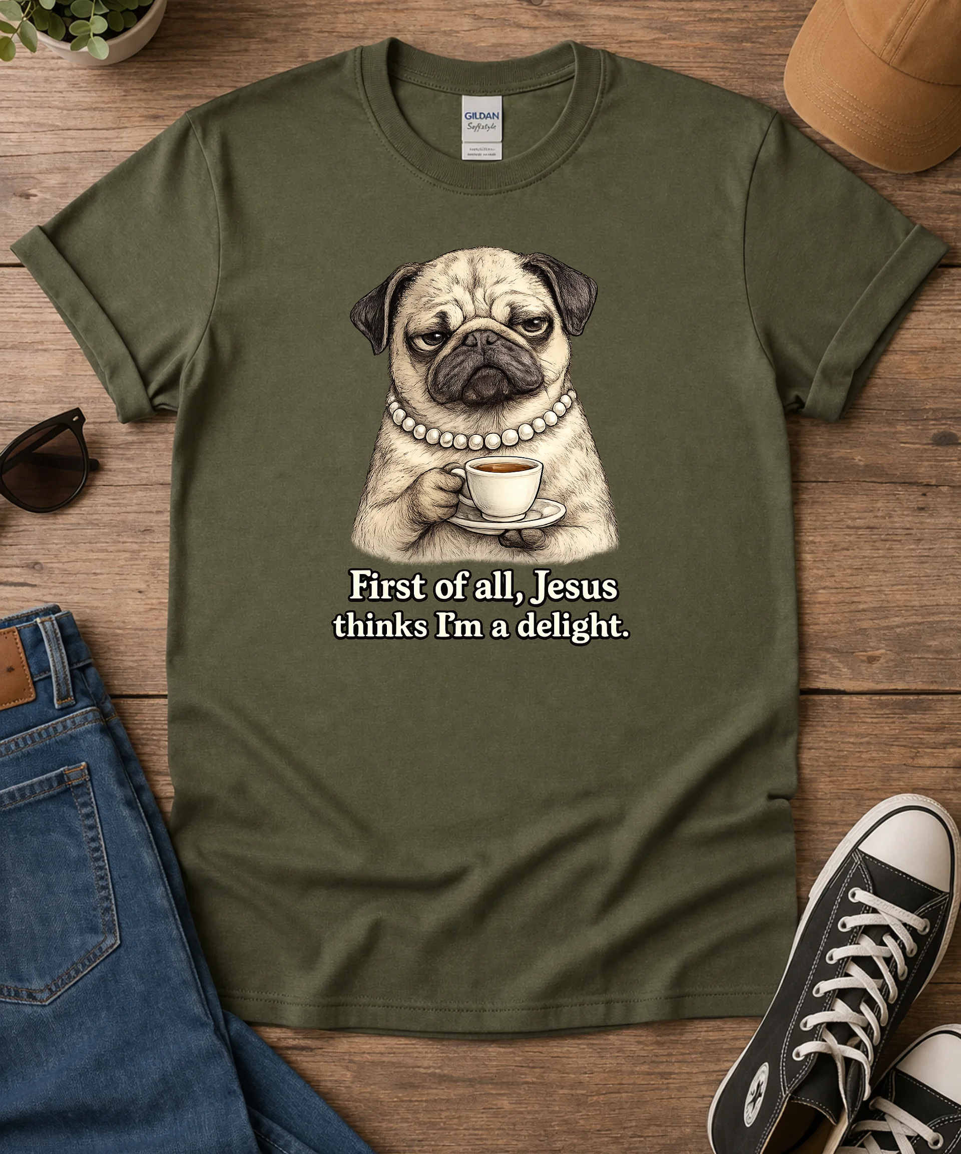 Funny Christian Dog Shirt, First of All Jesus Thinks I'm a Delight T-Shirt, Grumpy Pug Tee, Christian Humor Shirt, Bella Canvas SuperSoft Tee product image (1)