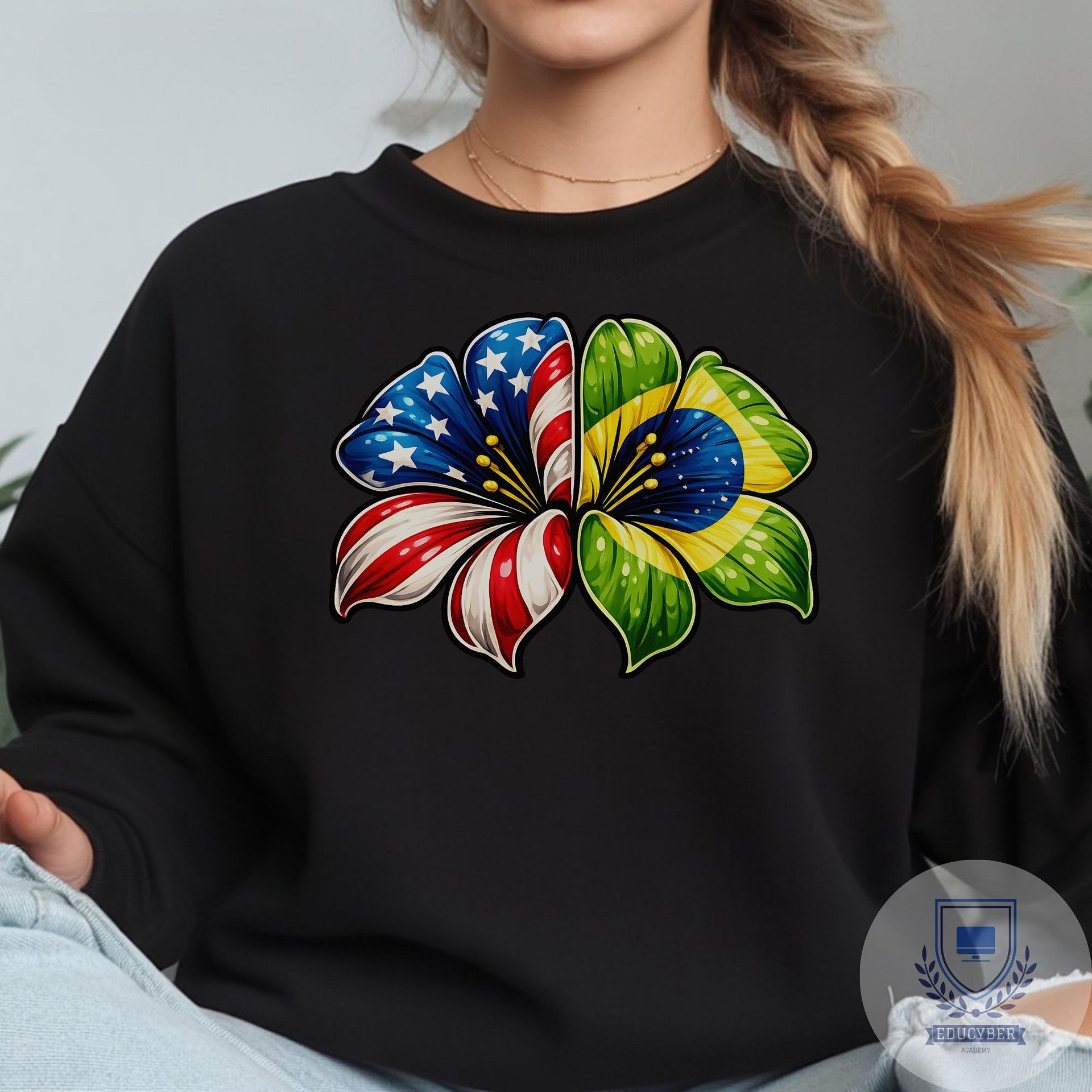 USA Brazil Floral Sweatshirt, Cozy Patriotic Pullover, American Brazilian Flag Design, Unisex Crewneck product image (1)