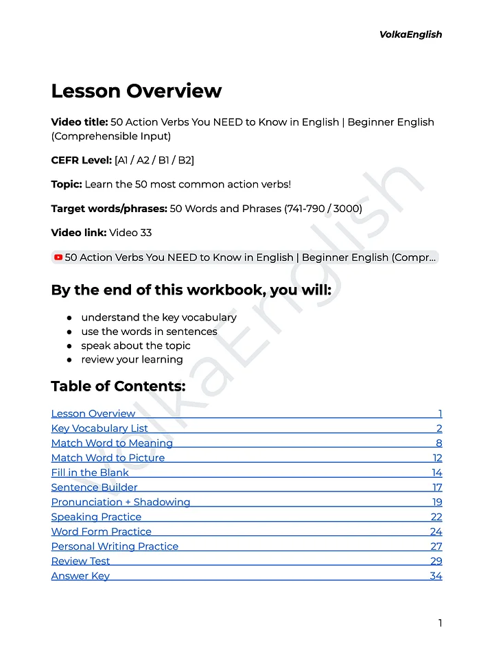 50 Action Verbs You NEED to Know in English | Beginner English (Comprehensible Input) - Video 33 Study Pack product image (2)
