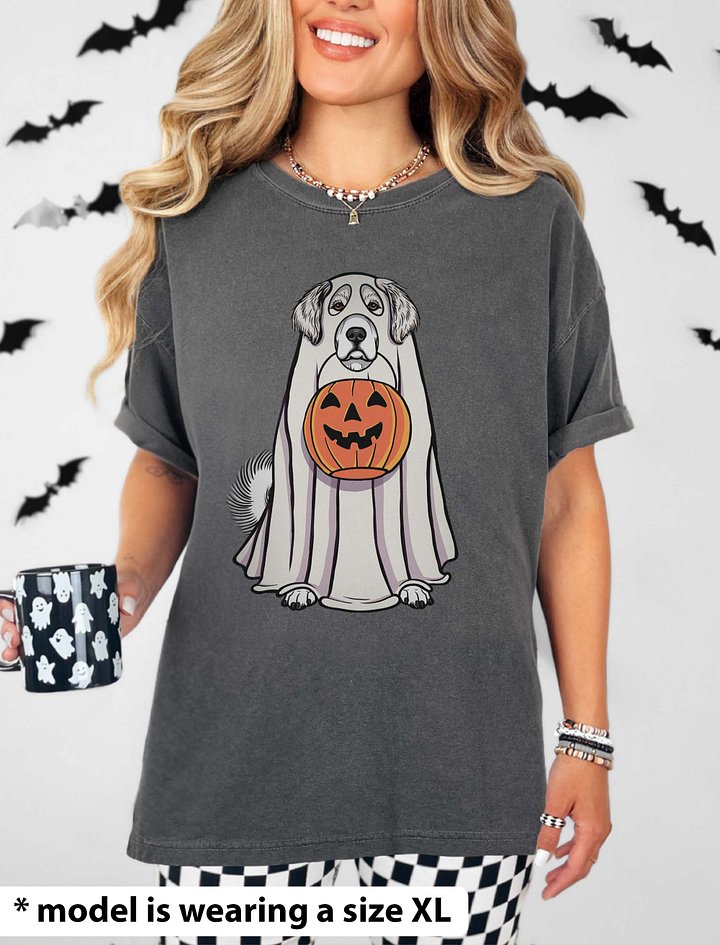 Funny Halloween Great Pyrenees T-Shirt | Funny Pyr Wearing a Ghost Costume and Holding a Pumpkin Basket product image (2)