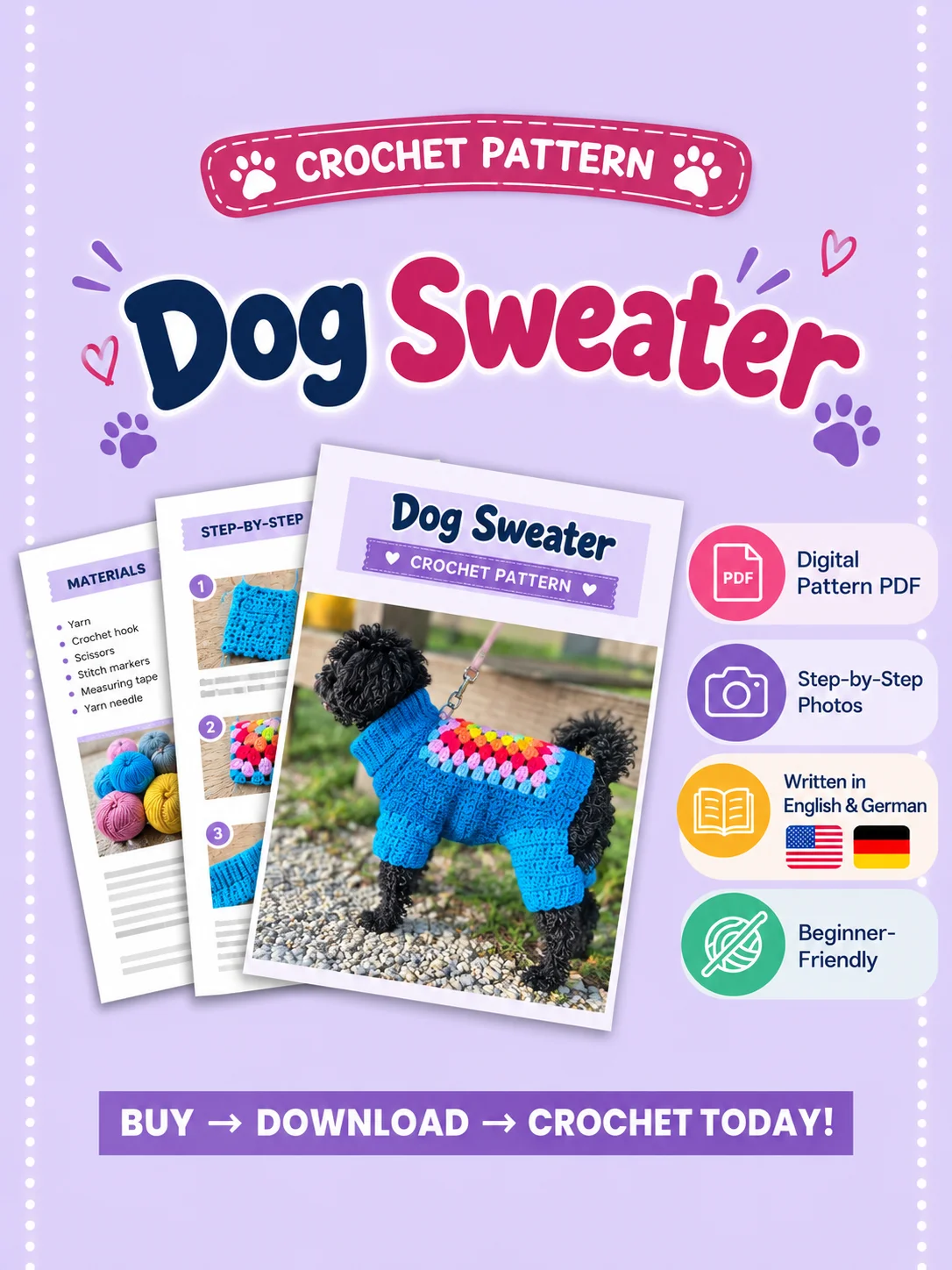Crochet Dog Sweater Pattern PDF – Easy DIY Pet Clothes, Step-by-Step Instructions product image (2)