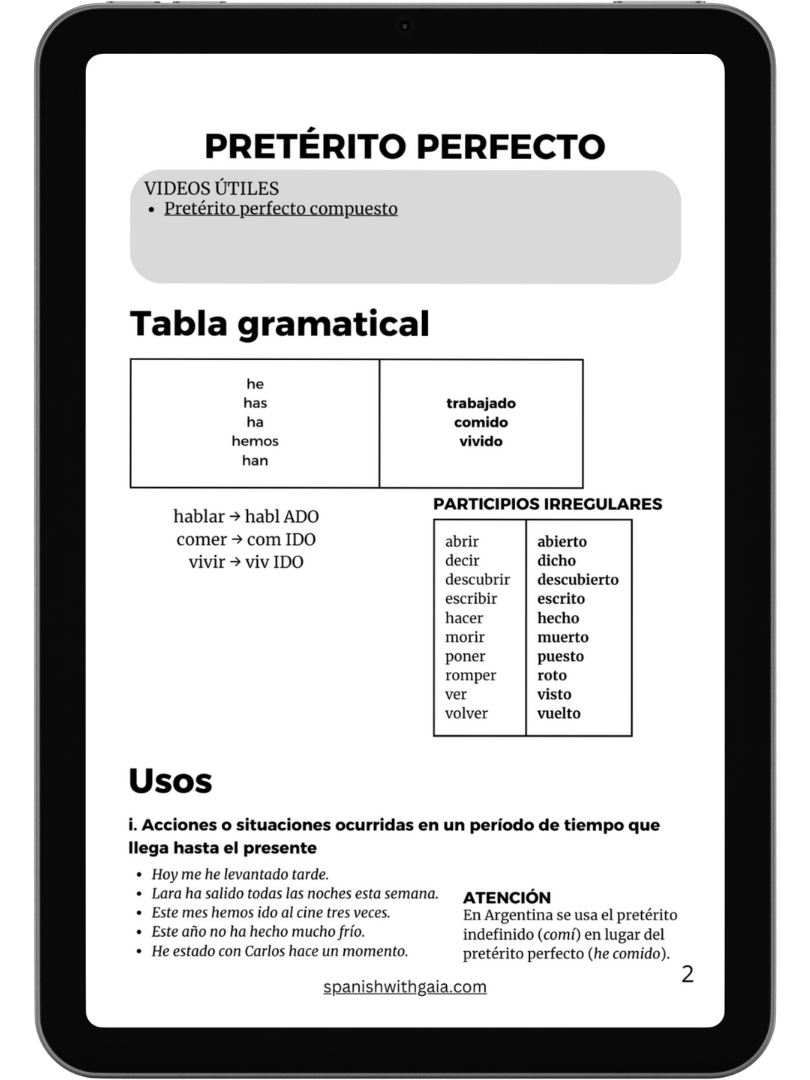 PDF PRETERITO PERFECTO + ejercicios y soluciones | Spanish With Gaia