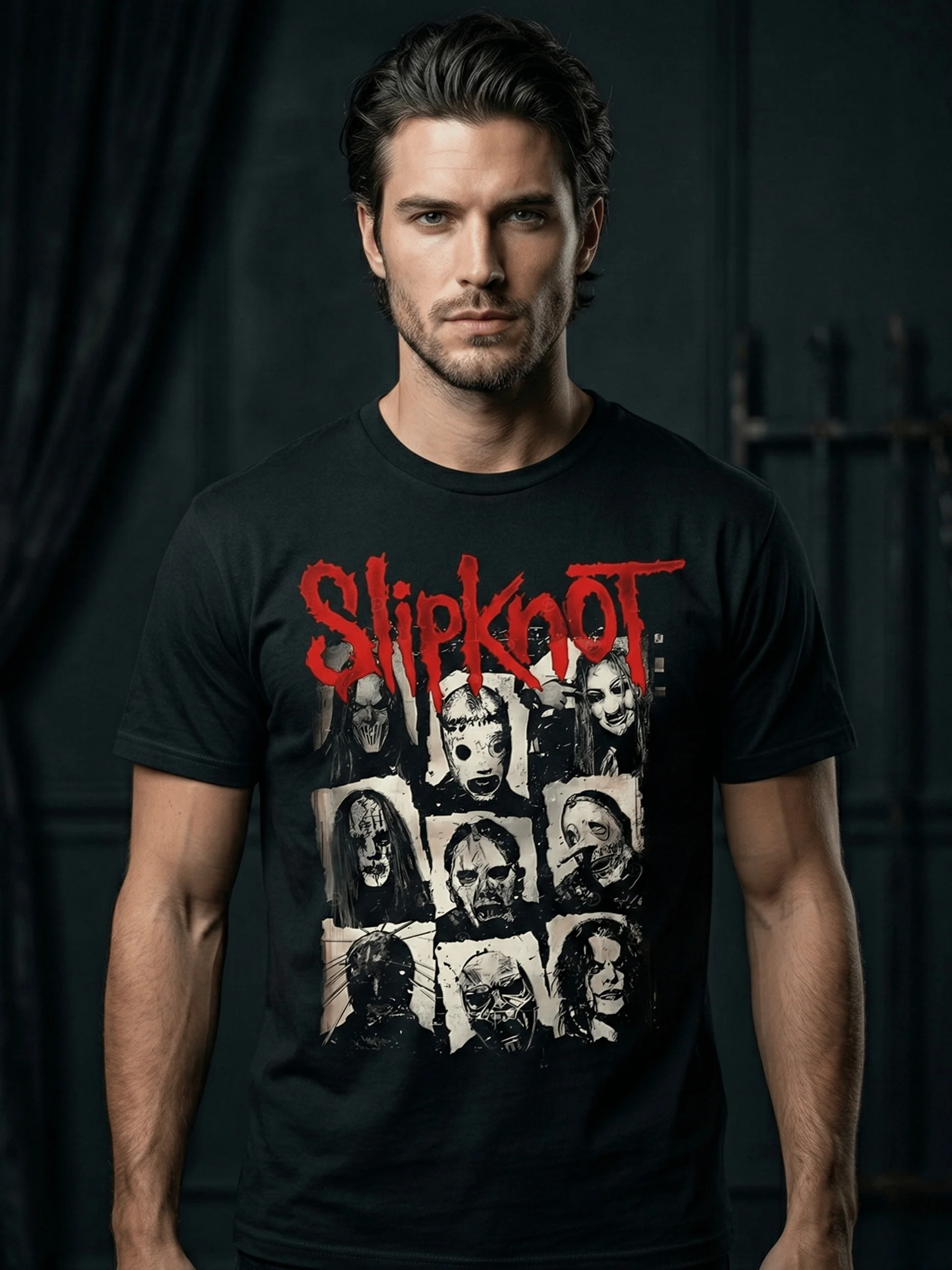 Slipknot Nine Members Mask T-Shirt | Dark Art All-Band Portrait | Nu-Metal Collector Graphic Tee product image (9)