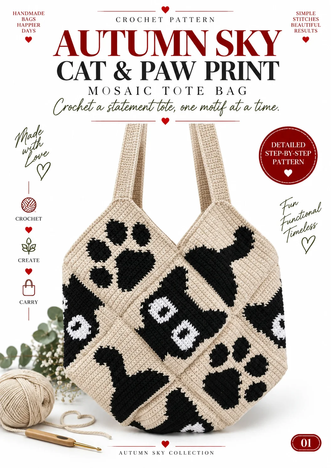 Cat Crochet Tote Bag Pattern PDF | Paw Print Mosaic Design 🐾 product image (1)