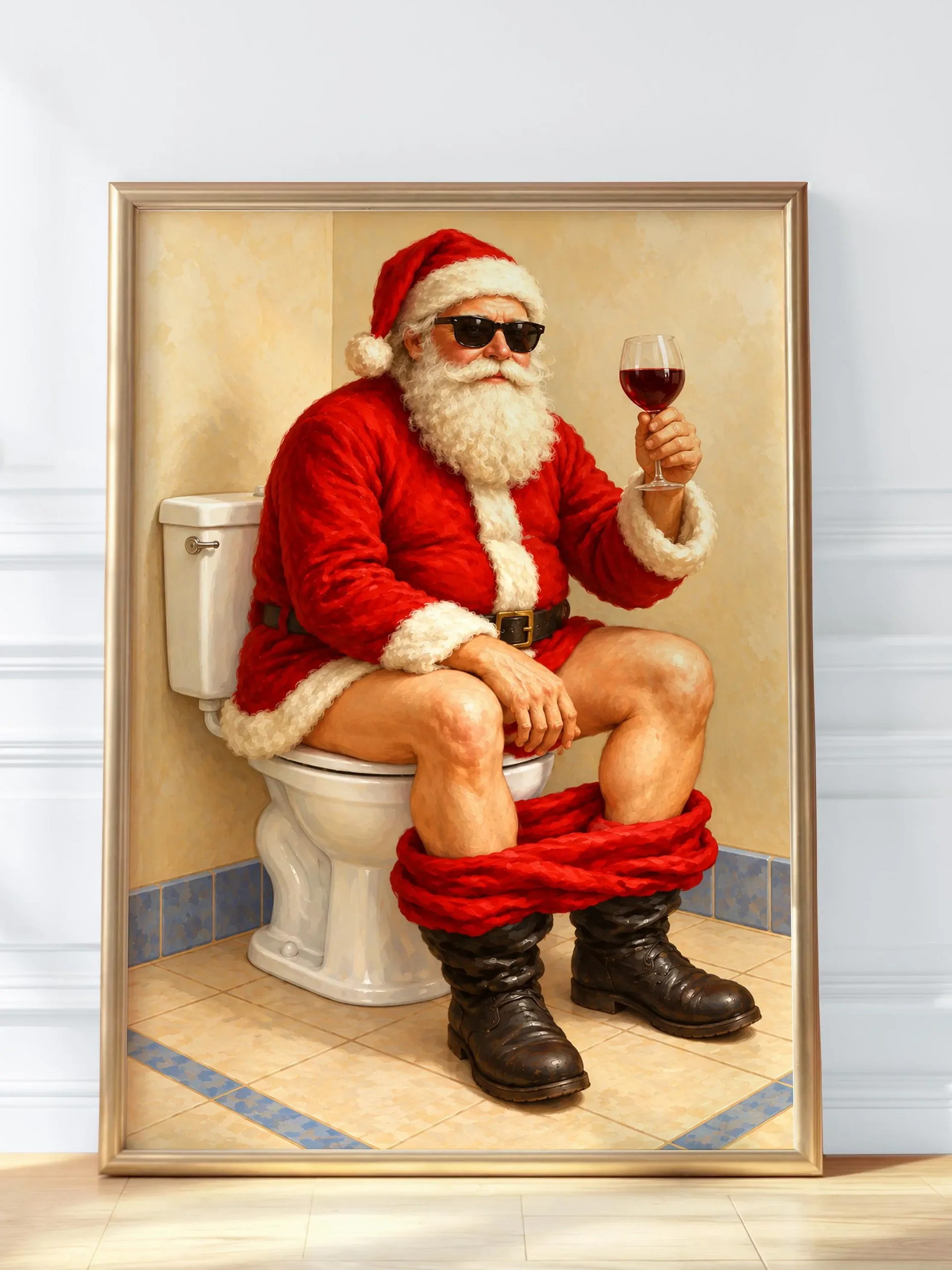 Funny Santa Toilet Print, Christmas Bathroom Wall Art, Sunglasses and Wine Poster, Quirky Holiday Decor, Printable Gift for Cozy Powder Room product image (1)