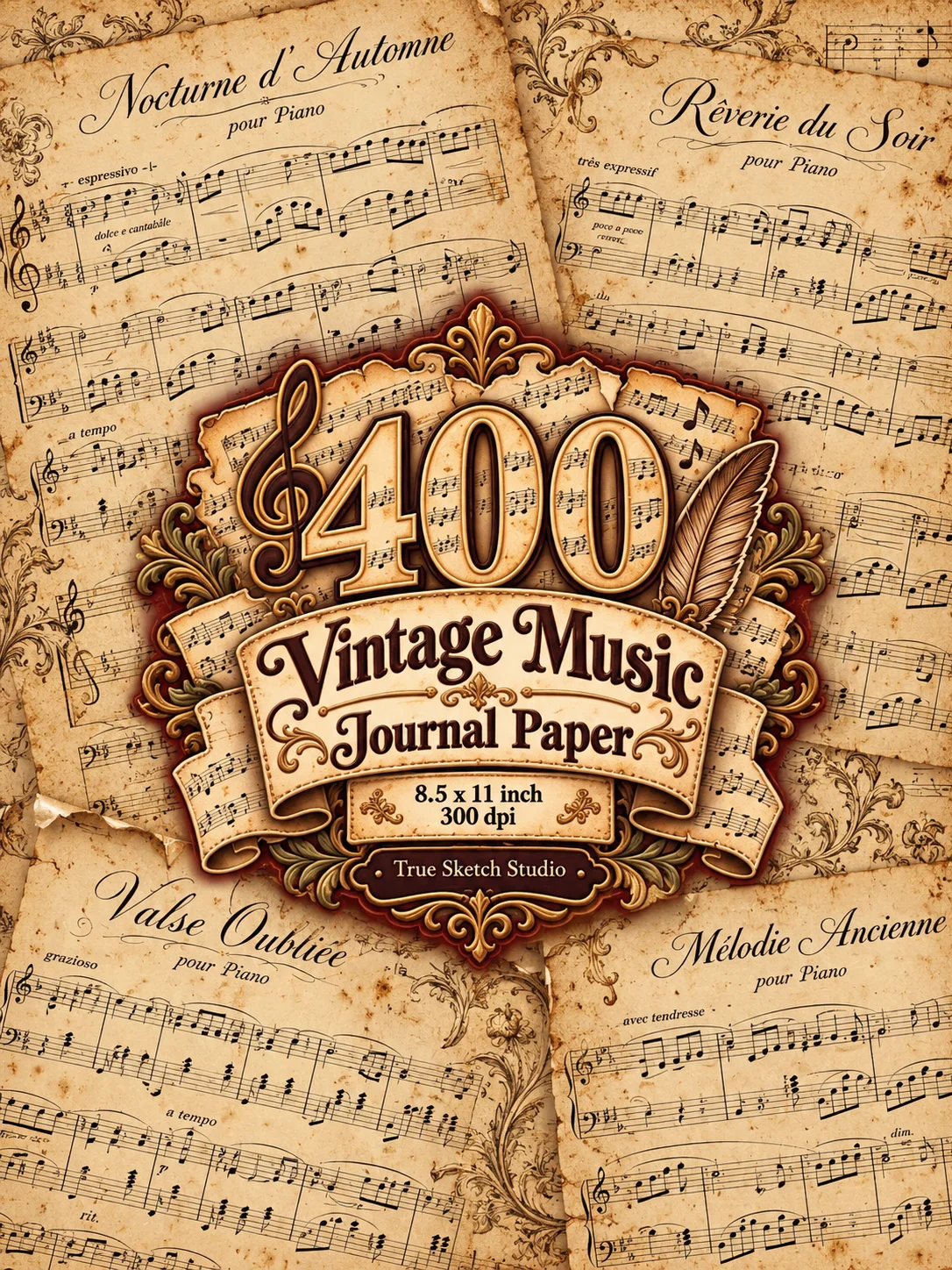 400 Vintage Music Digital Paper Bundle, Aged Sheet Background, Junk Journal Pages, Scrapbook Collage Supplies, US Letter 300DPI JPG Download product image (6)
